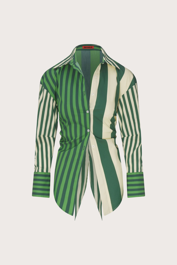 Loch Poplin Botton Up in Green Stripe