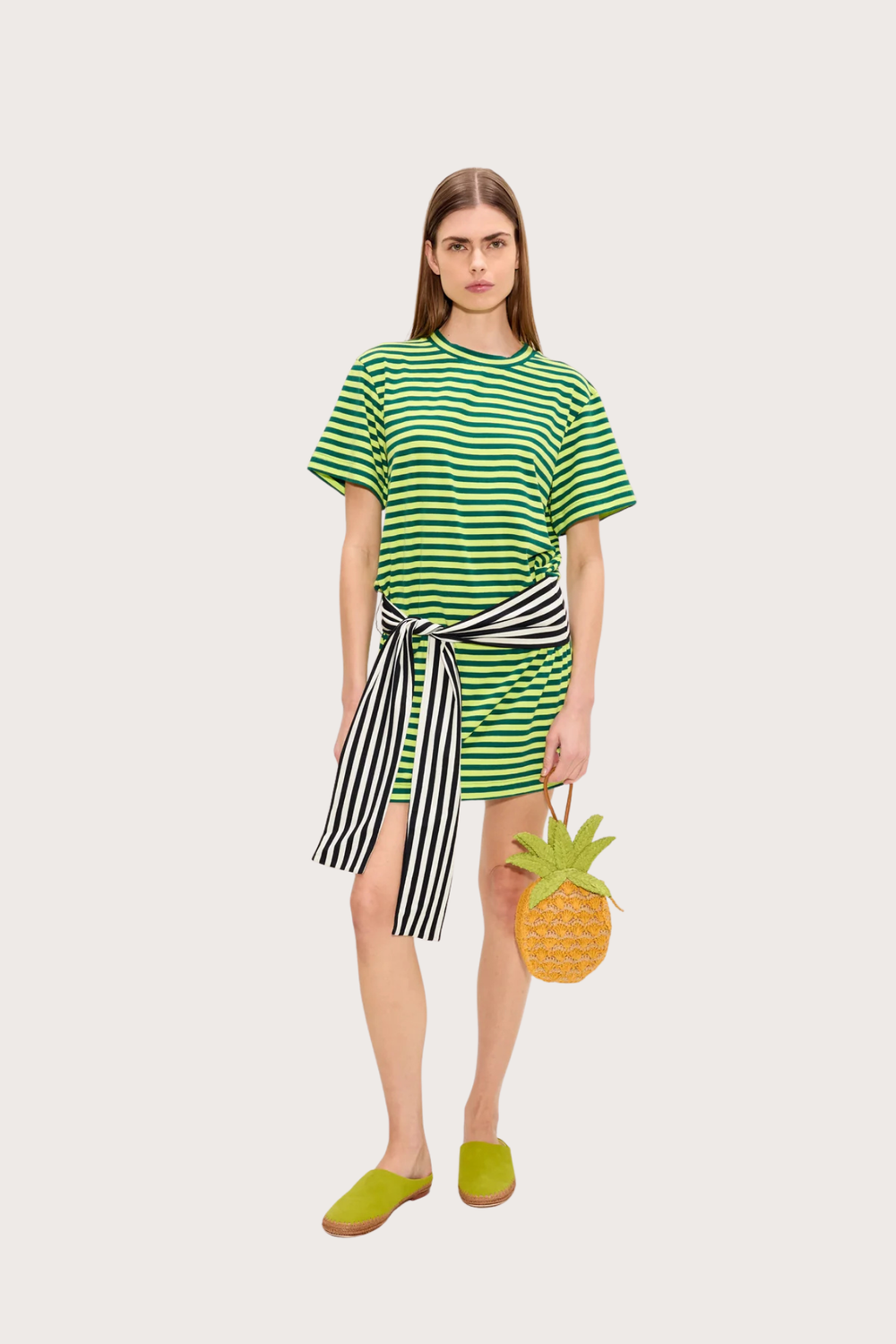 Lottie T-Shirt Dress in Lime Stripe Combo