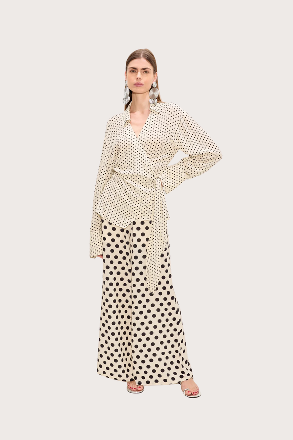 Nella Crepe Wide Leg Pant - Macadamia Black Polka Dot