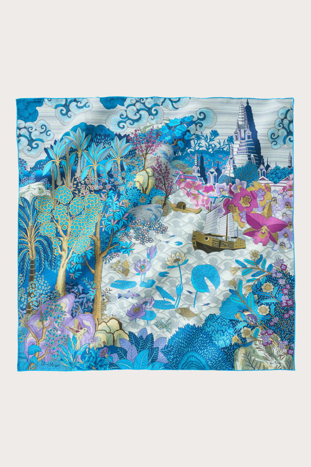 Siam Iconic River Blue Silk Scarf