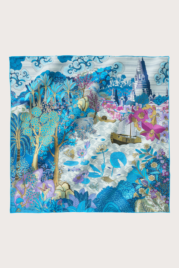 Siam Iconic River Blue Silk Scarf