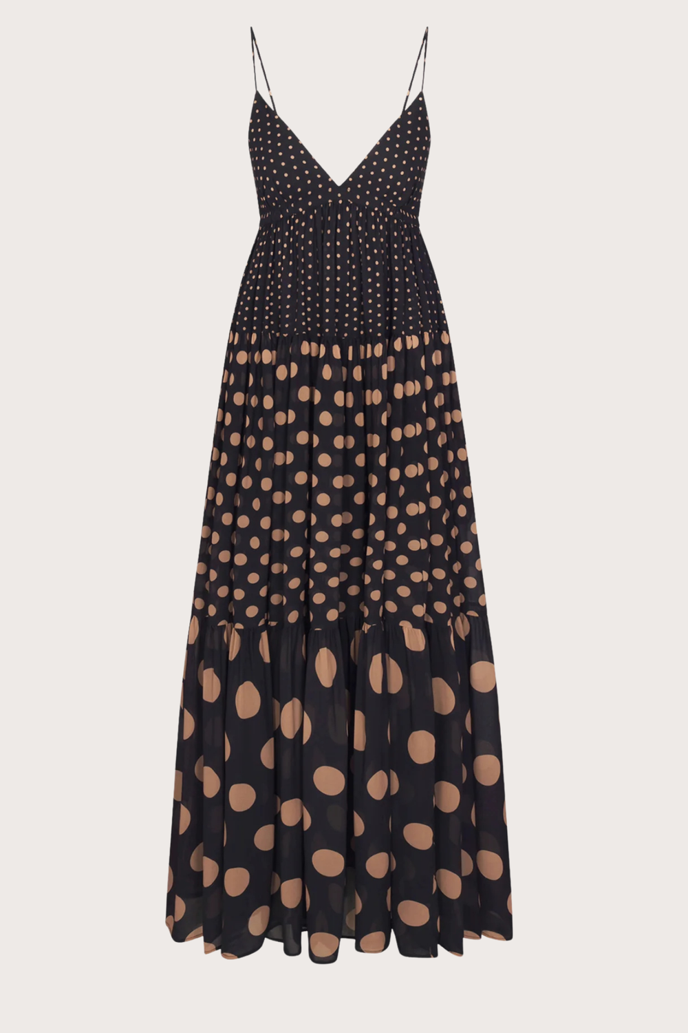 Romi Chiffon Maxi Dress - Black/Tan Polka Dot