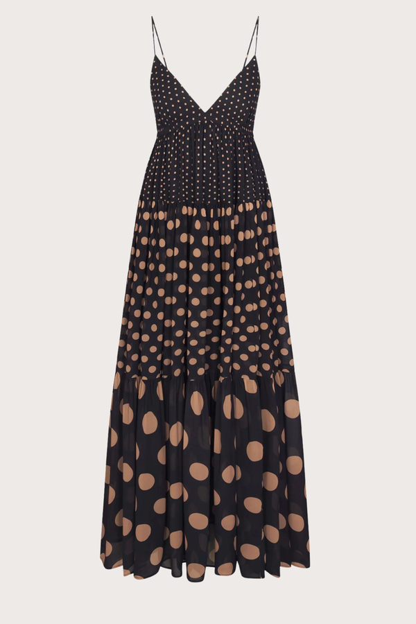 Romi Chiffon Maxi Dress - Black/Tan Polka Dot