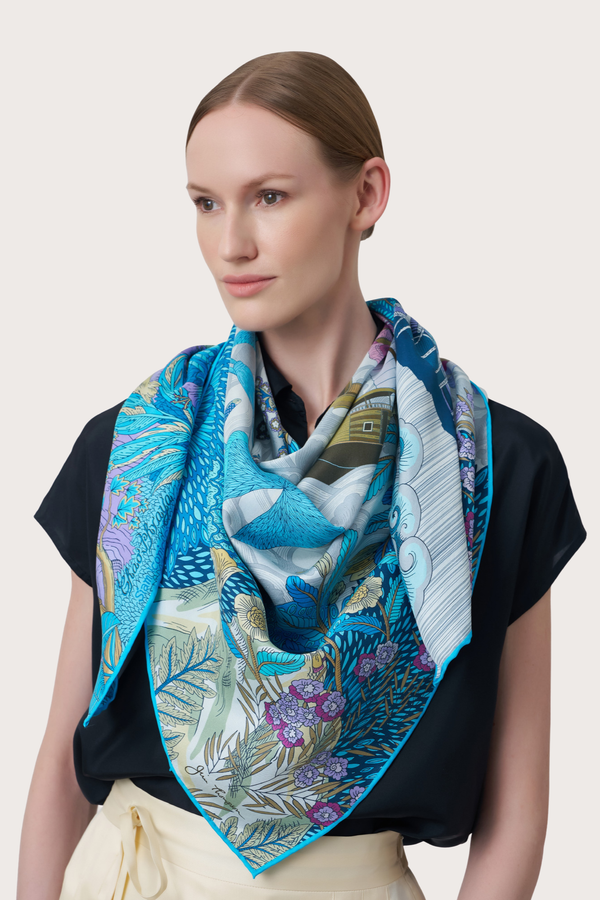 Siam Iconic River Blue Silk Scarf