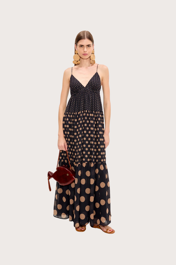Romi Chiffon Maxi Dress - Black/Tan Polka Dot