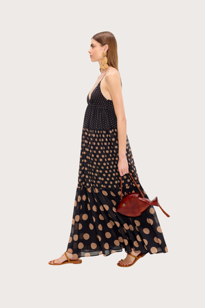 Romi Chiffon Maxi Dress - Black/Tan Polka Dot