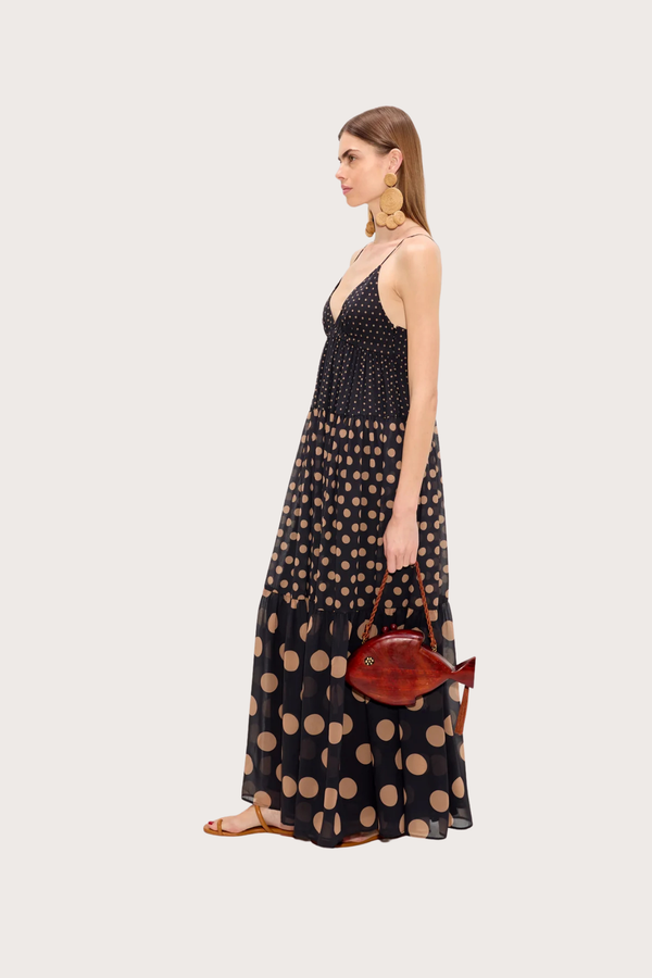 Romi Chiffon Maxi Dress - Black/Tan Polka Dot