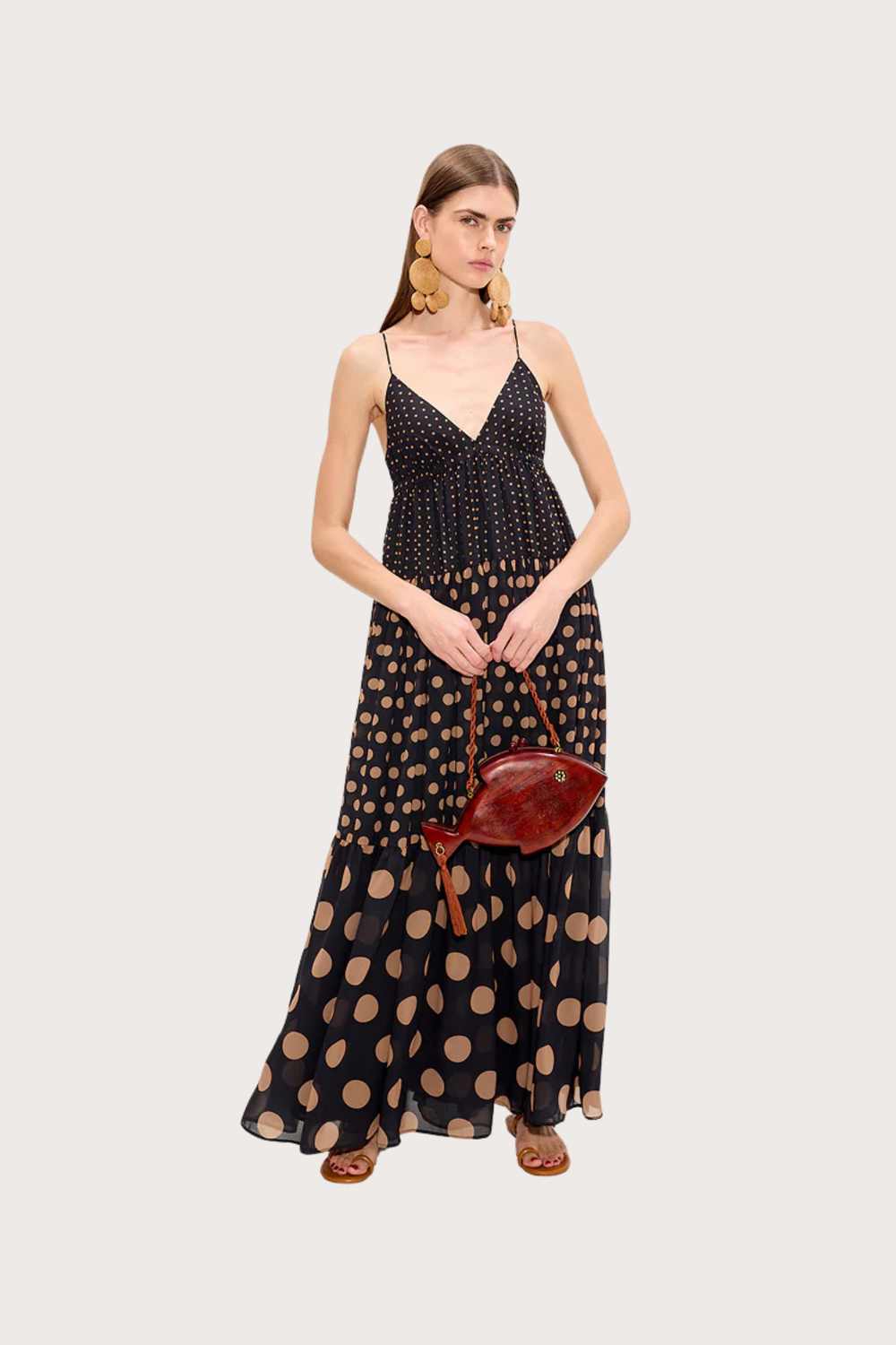 Romi Chiffon Maxi Dress - Black/Tan Polka Dot