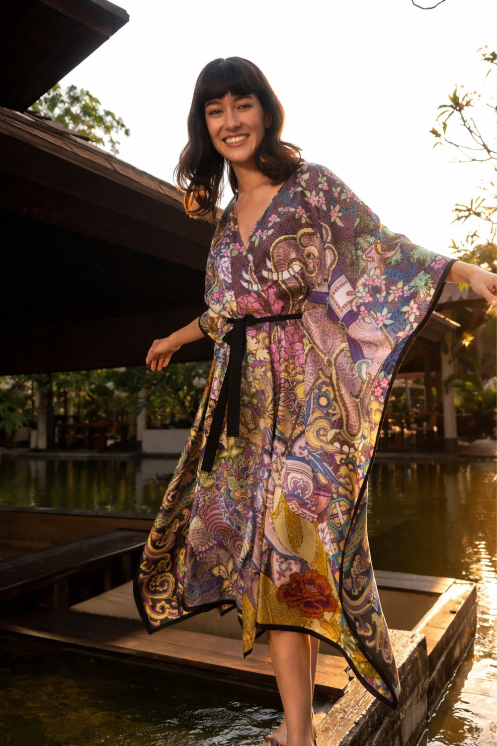 Grand Shadow Play Silk Wrap Kaftan